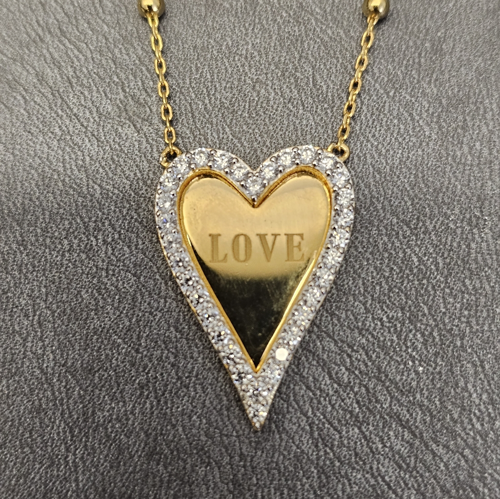 "Love" Heart Necklace With Cubic Zirconia Halo. Gold Plated Sterling Silver.
